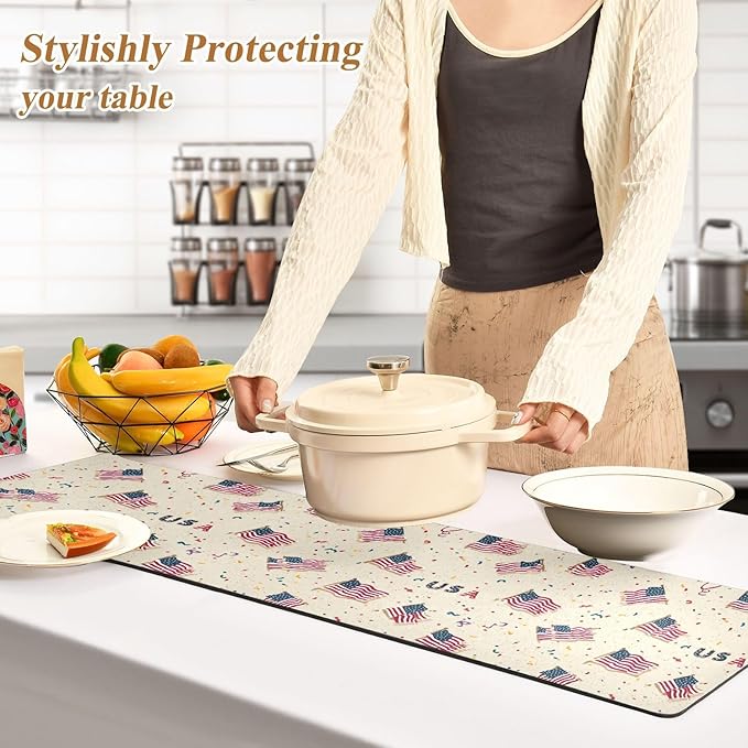 2 in 1 Table Runner Trivet for Hot Pots and Pans Heat Resistant Non Slip Waterproof 39 x 12 Inch Decorative Table Protector for Kitchen Countertop Patriotic American Flags