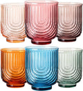 JOVGANK Colored Vintage Drinking Glasses Set of 6-14Oz Colorful Drinking Glasses, Art Deco Ripple Highball Glass, Whiskey Cocktail Glasses, for Bar Coffee Juice, Housewarming Gift