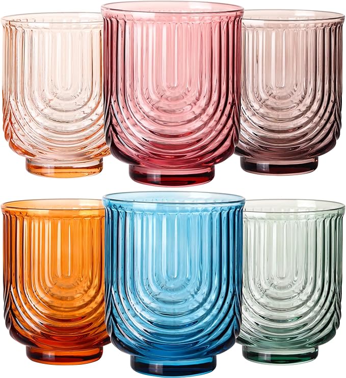 JOVGANK Colored Vintage Drinking Glasses Set of 6-14Oz Colorful Drinking Glasses, Art Deco Ripple Highball Glass, Whiskey Cocktail Glasses, for Bar Coffee Juice, Housewarming Gift