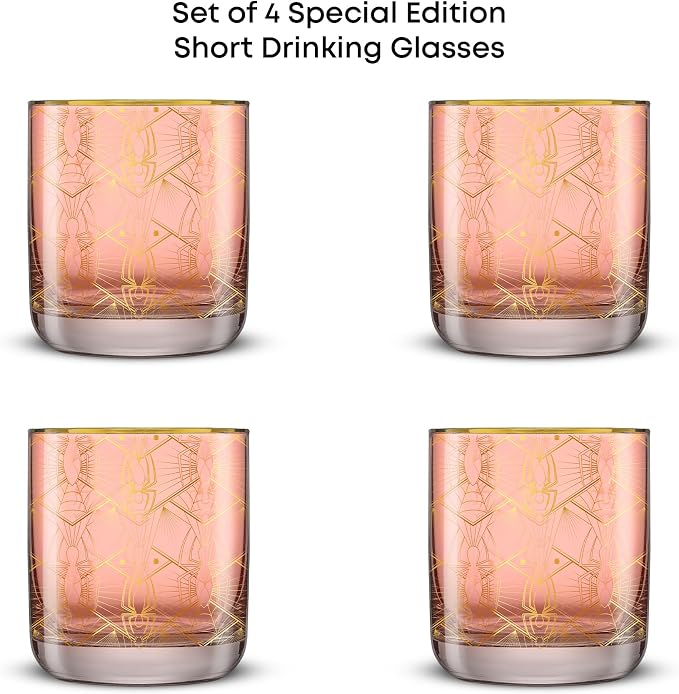 JoyJolt Marvel Spider-Man Legacy Short Drinking Glasses, 10oz Superhero Glass Cups Set of 4, Kitchen Glass Tumbler Set, Gifts for Men and Women, Cool Marvel Stuff for Fathers Day