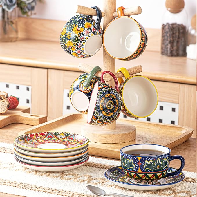 Henten Home Ceramic 8.5 oz Tea Cup Set, Latte Cup with Saucers Set of 6, Boho Style Cup for Cappuccino, Coffee, Hot Cocoa, Espresso, Microwave & Dishwasher Safe