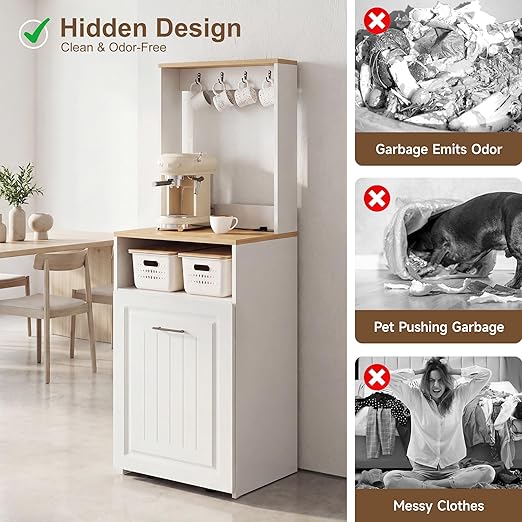 ZIFTY 10 Gallon Pull Out Trash Can Cabinet with Charging Station, Pet Proof Freestanding Kitchen Trash Bin Cabinet with Hooks, Coffee Bar, Wooden Garbage Recycling for Kitchen, Living Room