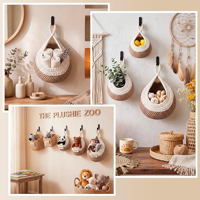 Honeydak Boho Decor Hanging Wall Baskets for Kitchen 3 Pack Teardrop Baskets with Hooks Storage Fruit Onion Vegetable Potato for Home 3 Sizes(White with Light Linen,Teardrop,Cotton Rope)
