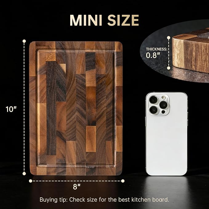 THETCHRY Walnut Wood Small Cutting Board, Compact Chopping Board with Deep Juice Groove, Knife Friendly & Non-Slip Design, 10x8x0.8 Inch for Fruit Cheese Prep