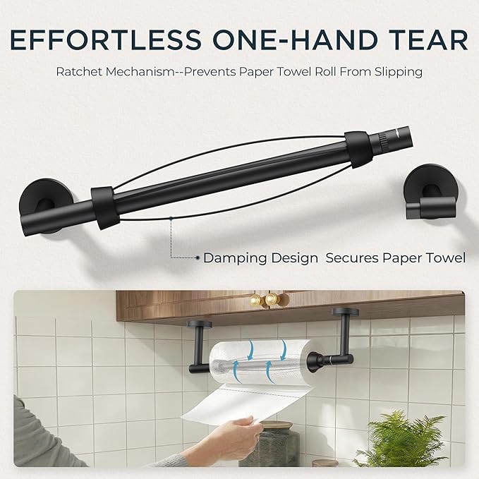 FORIOUS Paper Towel Holder Under Cabinet, SUS304 Wall Mounted Commercial Paper Towel Holder, One-Handed Tear Hanging Paper Roll Holder with Ratchet Mechanism for Kitchen Bathroom Matte Black