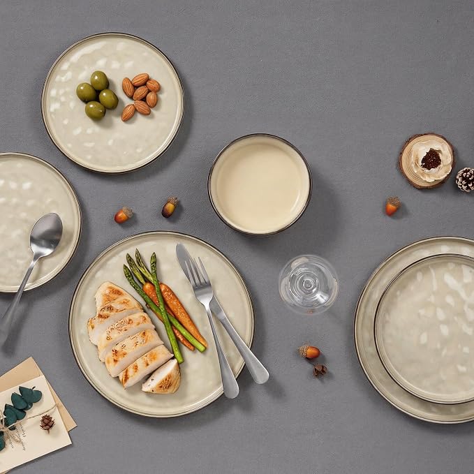E-far 8-Piece Plates and Bowls Sets with Pasta Bowls - Stoneware Dinnerware Set for 2, Modern Ribbed Dishes, Microwave & Dishwasher Safe, Sandy Khaki