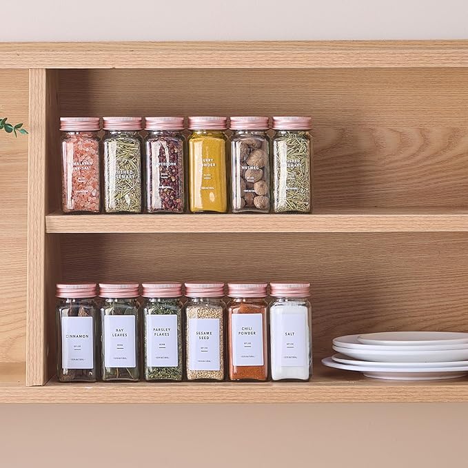 48 Pcs Glass Spice Jars with Labels and Pink Metal Caps, 4oz Empty Spice Containers with Shaker Lids, Funnel, Pen,Seasoning Storage Bottles for Spice Rack, Cabinet, Drawer