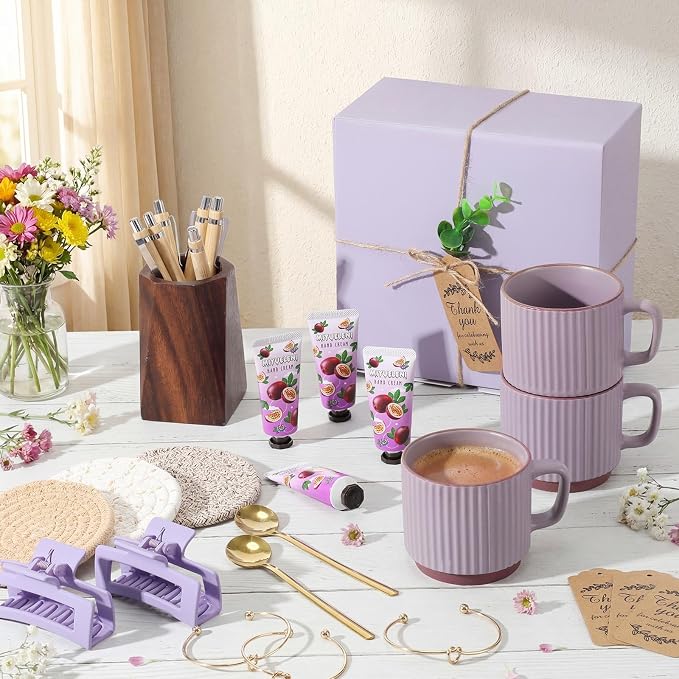 Reallnaive 61 Pcs Baby Shower Prizes for Game Winners Include Ceramic Mug Coaster Hand Cream Pen Spoon Bracelet Hair Clip Card Gift Box with Raffia for Guests Gender Reveal Bridal Shower Party(Purple)
