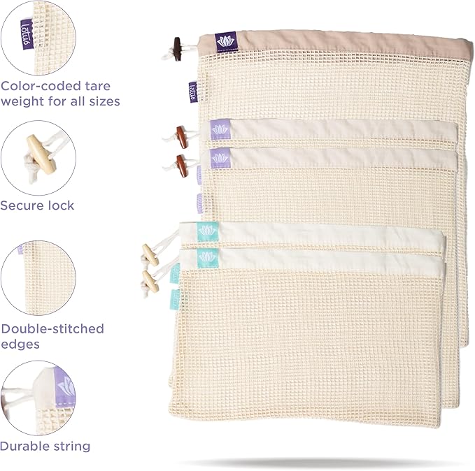 Lotus Trolley Bag and Lotus Organic Cotton Reusable Produce Bags Bundle - Eco-Friendly Solution to Sanitary Grocery Shopping!