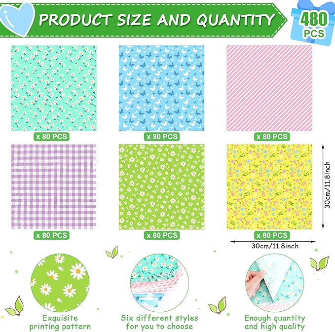 480Pcs Wax Paper Dry Waxed Deli Paper Sheets 12x12 inch Sandwich Wrap Paper Floral Parchment Sheets Basket Liner Food Paper Sheets for Carnival Mother's Day Home Kitchen Picnic Spring Summer Tea Party