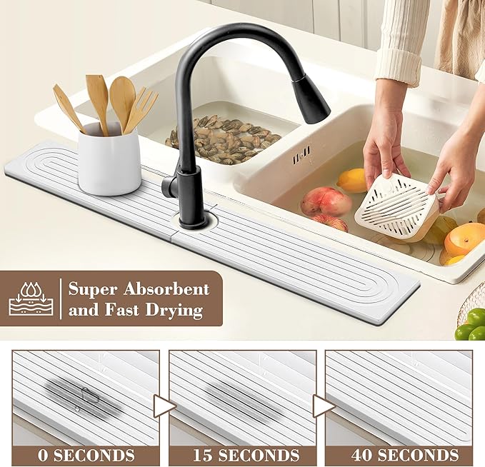 Faucet Mat for Kitchen Sink Diatomite Fast Drying Stone Sink Tray Absorbent Mat Faucet Splash Guard for Kitchen Sink and Bathroom Counter