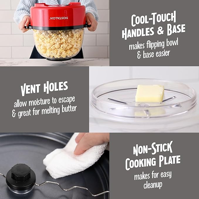 Nostalgia Non Stick Stirring Popcorn Maker for 24 Cups of Theatre Style Popcorn with Hot Oil - Dual-Use Lid & Serving Bowl - Quick Heat Technology & Cool Touch Handles - Ez Store - Red