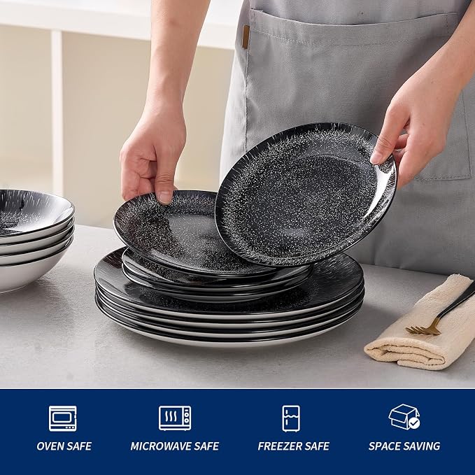Bestone 12-Piece Round Porcelain Dinnerware Set, Service for 4, Chip Resistant Plates and Bowls,Black, Dishwasher & Microwave Safe for Home Daily Use