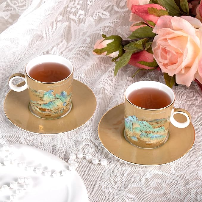 KAMMAK Tea Cups and Saucers Set of 2, Porcelain Coffee Cups, Stackable Espresso Mugs, Ceramic Demitasse for Coffee, Cappuccino, Latte, Americano, Tea, Small - River and Mountains