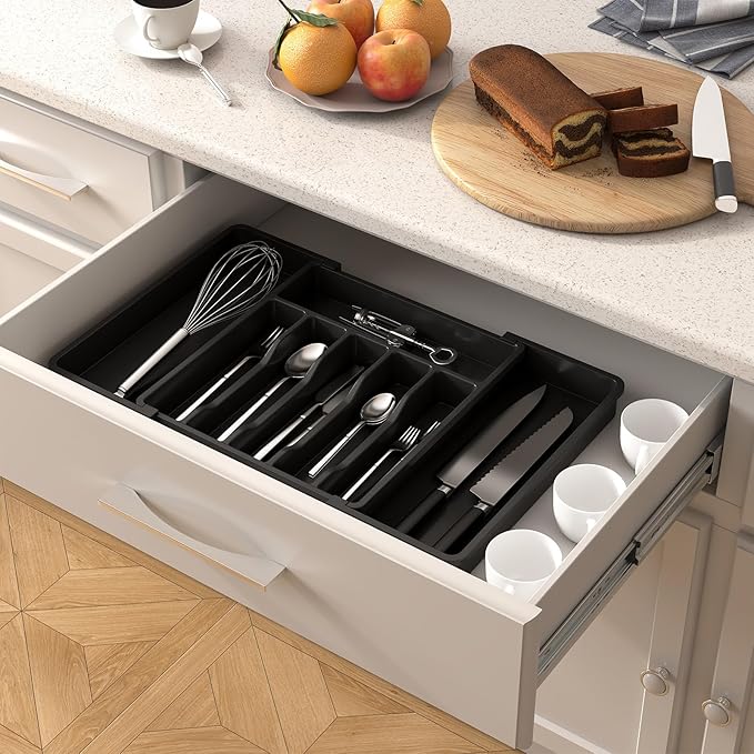 Lifewit Silverware and Cooking Utensil Drawer Organizer Set – Expandable Adjustable Plastic Storage for Cutlery, Flatware, Spoons, Forks, Knives, and Kitchen Tools, BPA-Free, Black