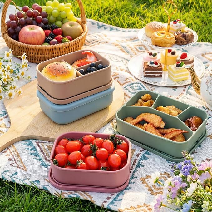 4 Pcs Silicone Bento Box Reusable Lunch Container Compartment Leakproof Meal Prep Snack Box for Adult Office School Travel Food Storage