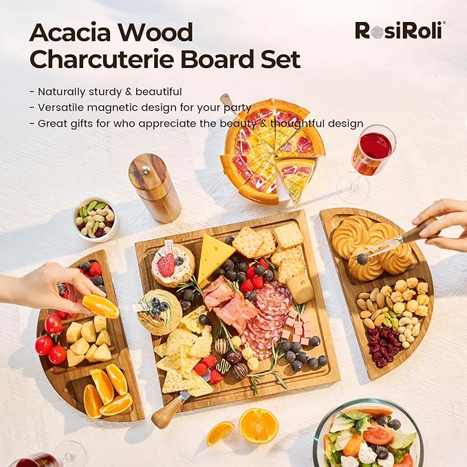 Acacia Wood Charcuterie Board Set - Cheese Board Set with Magnetic - House Warming Gifts New Home, Wedding Gift for Couple, Bridal Shower Gift, Gifts for Mom & Women, Perfect for Party