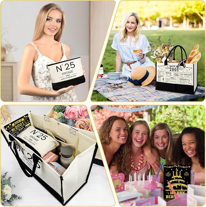 25th Birthday Gifts for Women Canvas Tote Bag Travel Gear,Unique 25 Years Old Gifts for Girlfriend Sister Coworker Friends Classmate Her, Vintage N°25 Handbag & Cosmetic Bag & Back in 2001 Poster