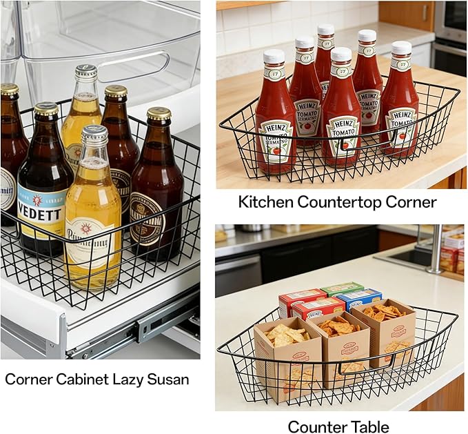 4 Pack Metal Lazy Susan Organizer Baskets with Handles – 1/4 Wedge Wire Storage Bins for 24" Lazy Susan Turntable, Kitchen Cabinet & Pantry Organizer, Black