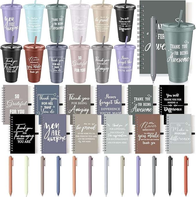 Shellwei 36 Pcs Employee Appreciation Gifts Bulk 24 oz Thank You Tumbler with Lid and Straw Mini Spiral Notebooks and Pens Appreciation Gifts for Team Employee Coworkers Teacher (Amazing)