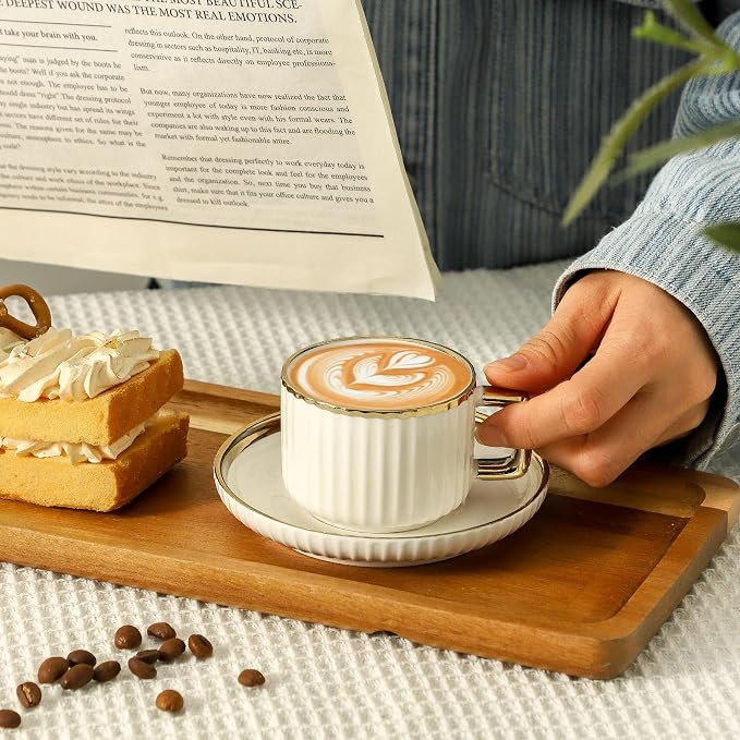 LETAOTAO Espresso Cups Set of 4, 3oz Espresso Cups and Saucers, Ceramic Coffee Cups with Gold Trim, Stackable Mini Demitasse Mugs for Espresso, Cappuccino,Latte, Americano and Tea