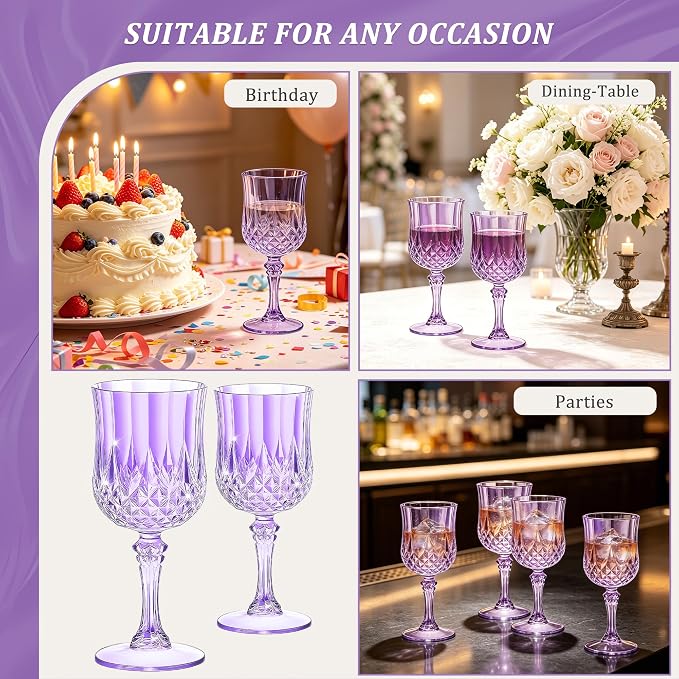 7OZ Plastic Wine Glasses, Reusable Vintage Goblets Unbreakable Drinking Glasses Crystal Water Cups Champagne for Wedding, Parties (12, Light Purple)