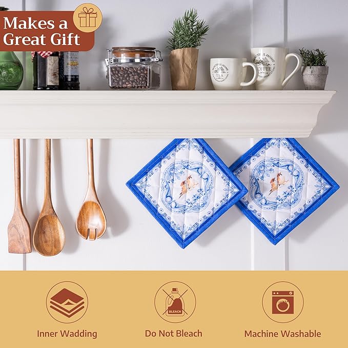 Maison d' Hermine Pot Holders 100% Cotton Heat Resistant Potholders 8" x 8" Hot Pads with Loop Cooking Baking Gifts for Mothers Day Handling Hot Pans Spring/Summer (Pack of 1, Amsterdam Canals)