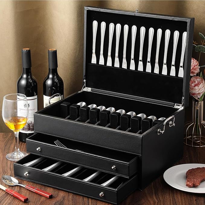 DoubleFill 3 Layer Leather Silverware Storage Box with Lid and Handles, Anti Tarnish Silverware Storage Chest Case with Felt-lined for 12-16 or More Sets of Utensils Flatware Gifts, 15.3x11.2x9 Inch