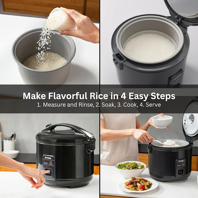 Tiger JNP-S15U-KY 8 Cup Capacity Rice Cooker with Non-Stick Inner Pot, Retractable Power Cord, and Keep Warm up to 12 hours, Black