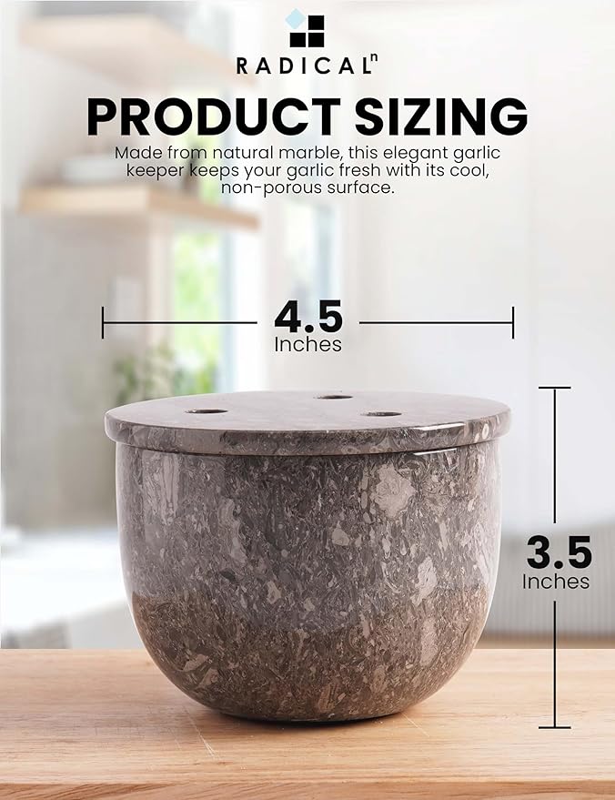 Radicaln Marble Garlic Keeper With Lid 4.5 Inch Oceanic Handmade Garlic Storage and Garlics Container For Kitchen, Keep Fresh Garlic Cloves, Ideal Garlic Keeper for Counter