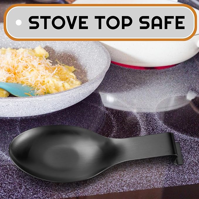 Nuanchu 6 Pcs Stainless Steel Spoon Rest Spatula Ladle Holder Spoon for Stove Top Heavy Duty Spatula Holder for Countertop Dishwasher Safe Utensil Rest for Kitchen, 3.8 x 9.6" (Black)