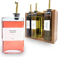 The Oil Library | Glass Oil & Vinegar Bottles with 100% Acacia Wood Stand | 4 Containers, 5 Gold Nozzles & 35 Stain-Resistant Labels | Countertop Display Set