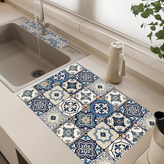 2Pcs Dish Drying Mats Faucet Mats Sets Large Size Coffee Mats Sink Faucet Mat Splash Guard for Kitchen Counter Bathroom Sink Coffee Bar Kitchen Decor (Blue Boho, 18"x24" 15" x 5.5"Set)