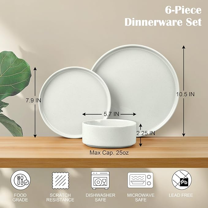 E-far 6-Piece Stoneware Dinnerware Sets, Plates and Bowls Set for 2, Kitchen Modern Dishes Set for Everyday & Formal, Chip and Scratch Resistant, Microwave & Dishwasher Safe, Speckled White