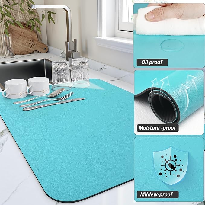 HotLive Dish Drying Mat for Kitchen Counter, Heat Resistant Drainer Mats with Non-slip Rubber Backed, Hide Stain Kitchen Super Absorbent Draining Mat, Easy to Clean Dish Rack Pad, Teal 18"x32"