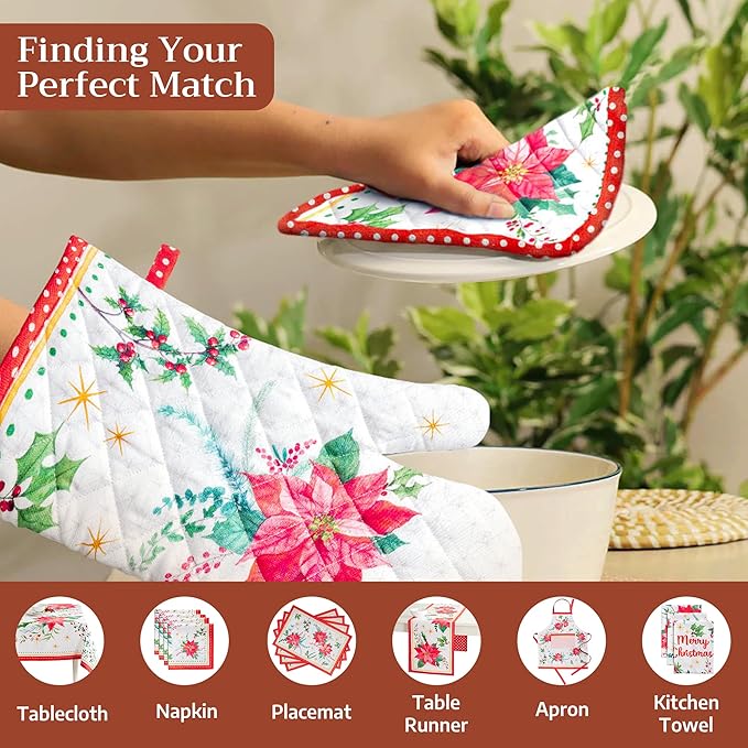 Maison d' Hermine Oven Gloves 100% Cotton Oven Mitt 7" x 13" with Loop Heat Resistant Cooking Gloves for Thanksgiving Christmas Decorations Baking Handling Hot Pans (Pack of 1, Poinsettia Christmas)