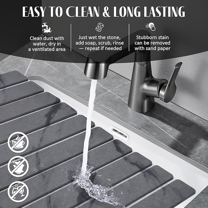 Stone Dish Drying Mats for Kitchen Counter, 24"(L)×16"(W) Marble-Pattern Dish Drying Mat, Eco-Friendly Absorbent Diatomaceous Earth Mats for Dishes Bottles Cups, Match Any Countertop【 Dark Grey】