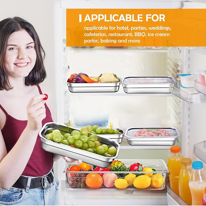 8 Pcs 304 Stainless Steel Food Storage Containers with Lids 1/3 Size Hotel Pan Chicken Food Grade Pans Metal Meal Containers for Restaurant Stackable Kitchen Freezer Buffet(2.5 Inch Deep)