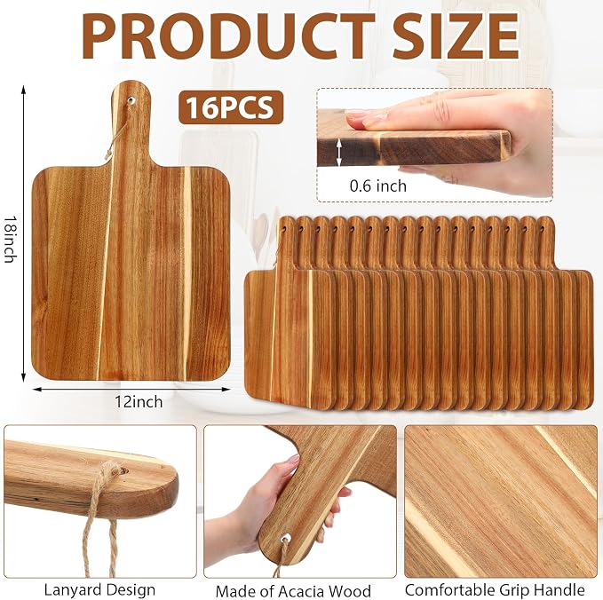 Geetery 16 Pcs Acacia Wood Cutting Board with Handles Bulk, Wooden Charcuterie Boards Serving Chopping Boards for Kitchen, Pizza, Bread, Vegetables, Laser Engraving, Housewarming Gifts(18 x 12 Inch)