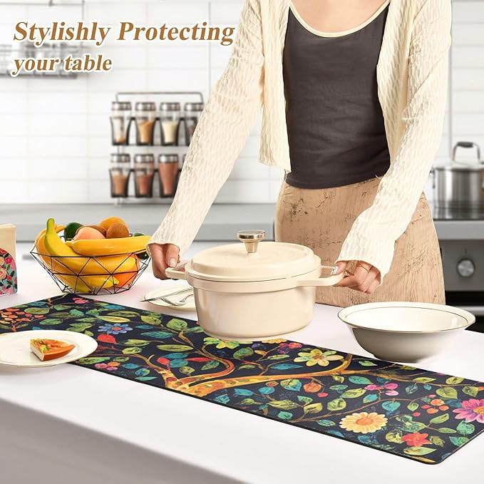 2 in 1 Heat Resistant Table Runner Trivet for Hot Pots and Pans 39 x 12 Inch Long Hot Pad Decorative Table Protector for Kitchen Countertop Tree of Life Floral Leaves
