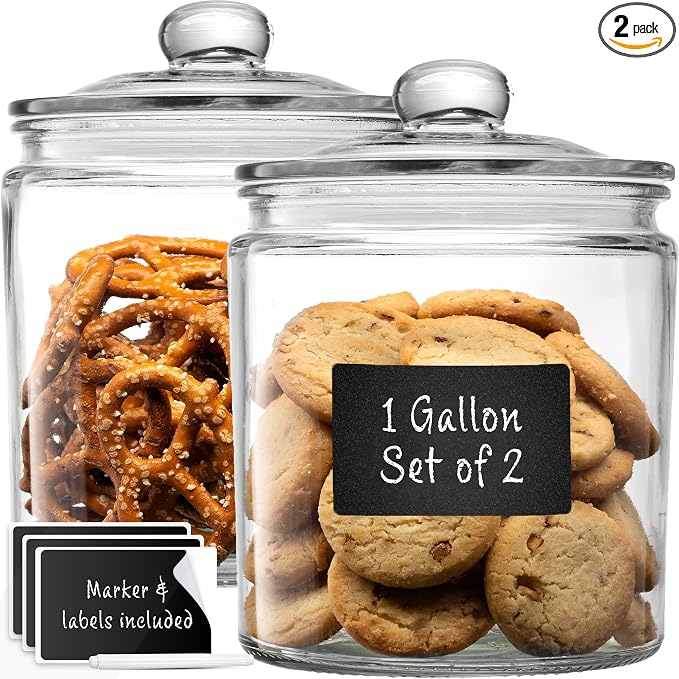 1 Gallon Glass Cookie Jars + Labels & Marker - Set of 2 Canister Sets for Kitchen Counter with Airtight Lids, Sugar Packet Holders Food Storage Containers with Lids Airtight for Pantry, Flour, Sugar.