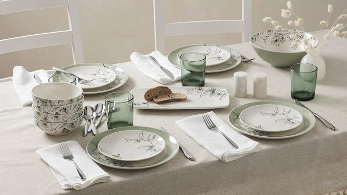 Oneida Dinnerware Set, Botanica 12-Piece Dinnerware Set, Service For 4, Porcelain Material, Dishwasher And Microwave Safe, Bowls, Plates And Bowls, Dinner Dishes, Plates, Home (Green, 12 Piece)