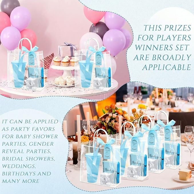 Nuogo 6 Sets New Parent Shower Prizes for Player Winners Adult, Wedding Bridal Shower Gift, Plastic Tumbler Notebook Scented Candle Ballpoint Pen Bag (Blue Color,Classic Style)