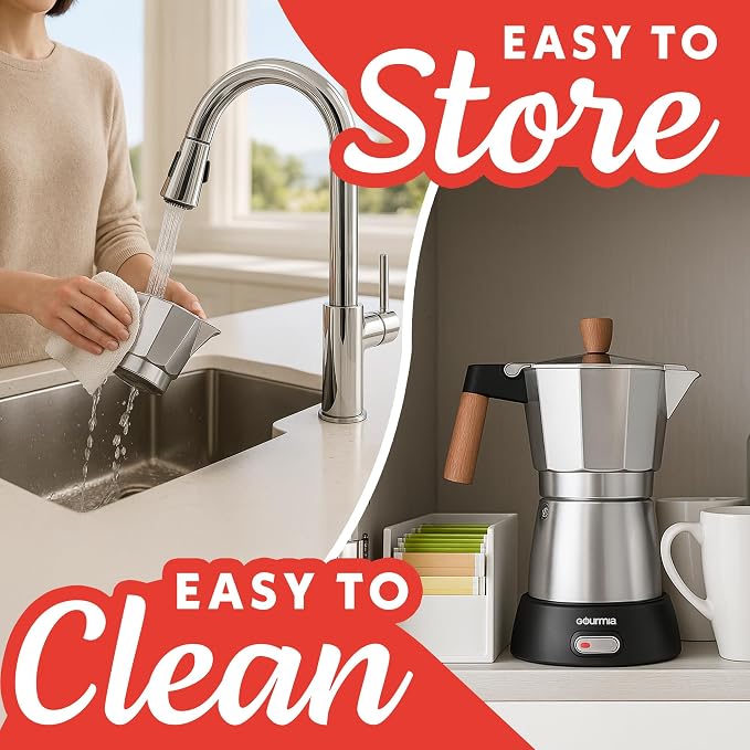 Gourmia Electric Moka Pot Espresso Maker – 6 Shot Italian-Style Coffee Brewer, 550W Detachable 360° Cordless Base, Food-Grade Aluminum, Beechwood Handle