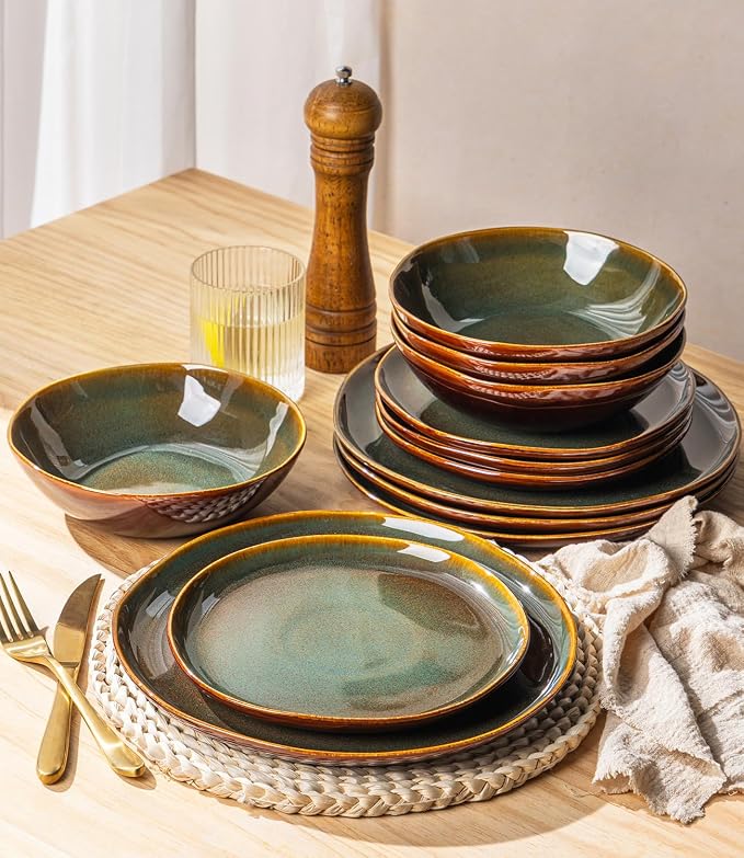 GBHOME Stoneware Dinnerware Sets for 4, 12 Pieces Rustic Earthenware Plates and Bowls Set, Handmade Reactive Glaze Ceramic Plate Sets, Chip Resistant Dishes, Microwave & Dishwasher Safe, Green Brown