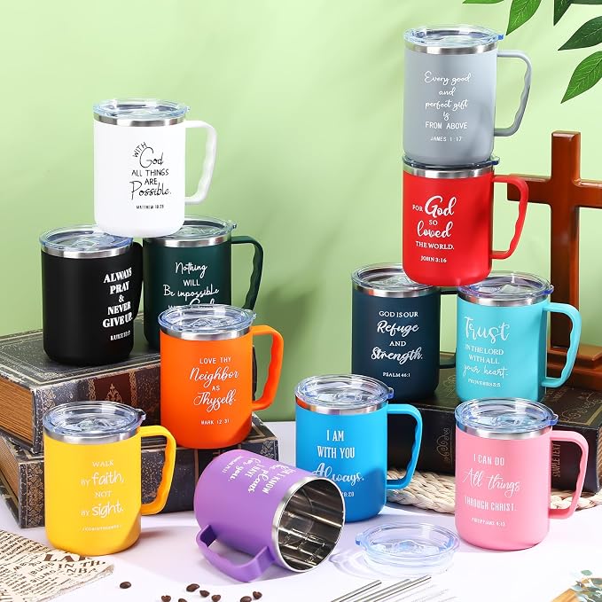 Sieral 12 Pcs Christian Gifts Coffee Mugs with Straw Lid 17 oz Religious Cups with Bible Stainless Steel Tumbler Inspirational Gifts for Women Men Pastor's Church Group(Multiple Colors,Bible Verse)