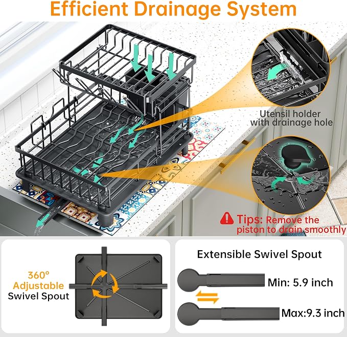 Dish Drying Rack, 2 Tier Dish Racks for Kitchen Counter, Compact Drying Rack Kitchen, Rust-Resistant Dish Drainer, Detachable Space-Saving Dish Rack with Drainboard, Utensil Holder, Black