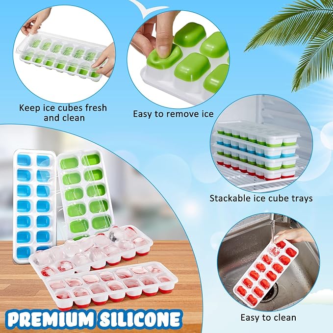Honeydak 10 Pack 10 Pack Ice Cube Trays with Spill-resistant Removable Lid Easy-release Flexible 14 Ice Cube Tray for Drinks Fruit Yogurt Cocktails Coffee Freezer (Green,Blue,Red)