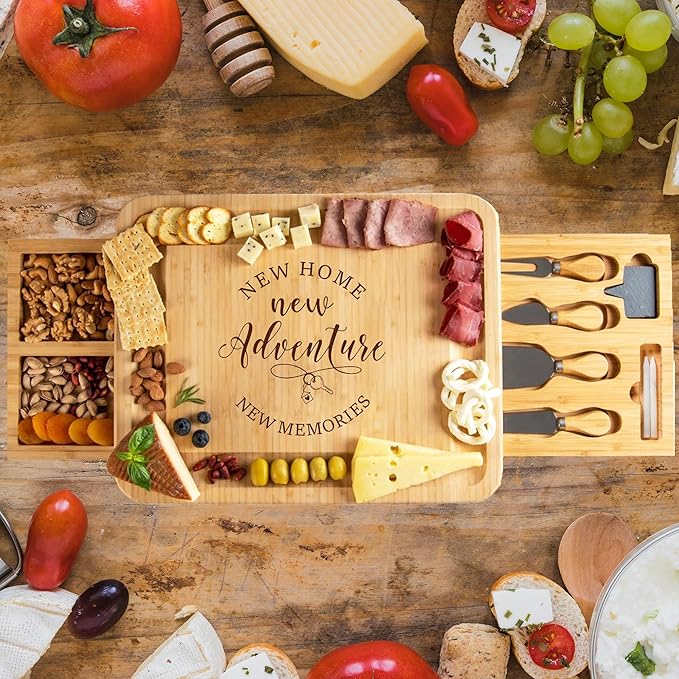 Charcuterie Board Set Gift- Housewarming Gifts for New Home Homeowner, New Home Gift Couple, Engraved Bamboo Cheese Board for Serving, First House Presents for Neighbor Friends, Realtor Closing Gifts