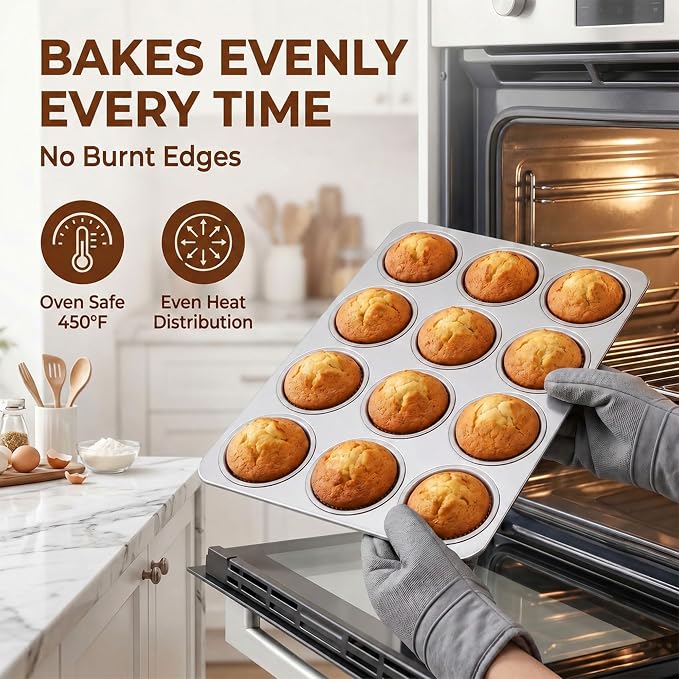 LIANYU 12 Cup Muffin Cupcake Pan for Baking, 4 Pack Stainless Steel Cup Cake Muffin Tin, Non-Toxic Muffin Cupcake Tray Pan for Oven, Metal Cupcake Mold for Mini Muffin Quiches, Dishwasher Safe
